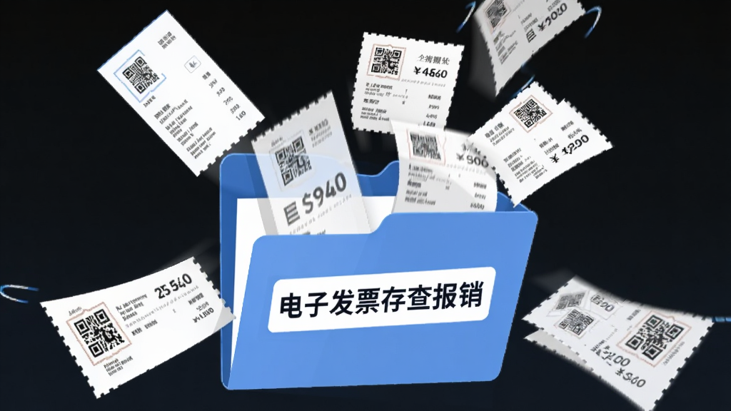 一幅AI生成的插图,画面主体是一个虚拟的文件夹,文件夹上标有“电子发票存查报销”字样,文件夹周围漂浮着多张带有二维码和金额的电子发票,这些发票正自动飞入文件夹中,布局为居中构图,风格为扁平化科技风,细节包括发票上的细小文字和数字,画质干净清晰,无多余元素
