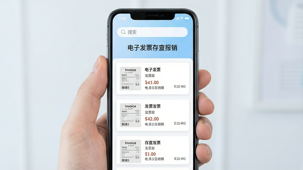 一张展示智能手机屏幕的图片,屏幕中央显示“电子发票存查报销”软件的主界面,界面布局简洁,顶部有搜索框,下方排列着发票列表卡片,每张卡片上有发票缩略图和金额日期信息,背景为白色和浅蓝色渐变,整体风格清新干净,画质清晰,无多余元素