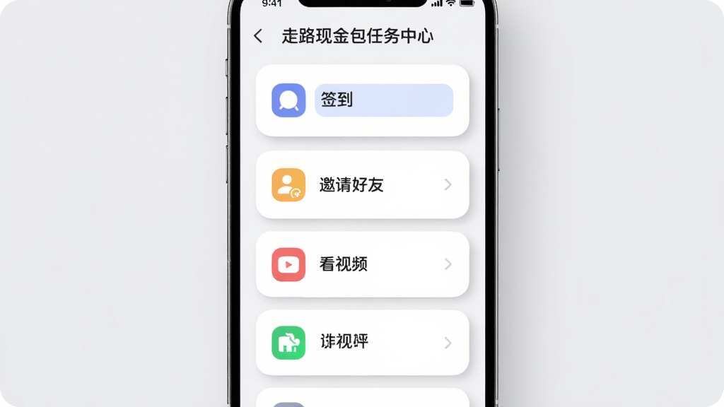 走路现金包任务中心页面,主体是手机屏幕上的任务列表卡片,卡片上带有“签到”“邀请好友”“看视频”等文字标签,布局为纵向列表排版,风格为柔和圆角卡片设计,细节包括卡片阴影、彩色图标点缀、背景为浅灰色,画质高清,干净,无多余元素