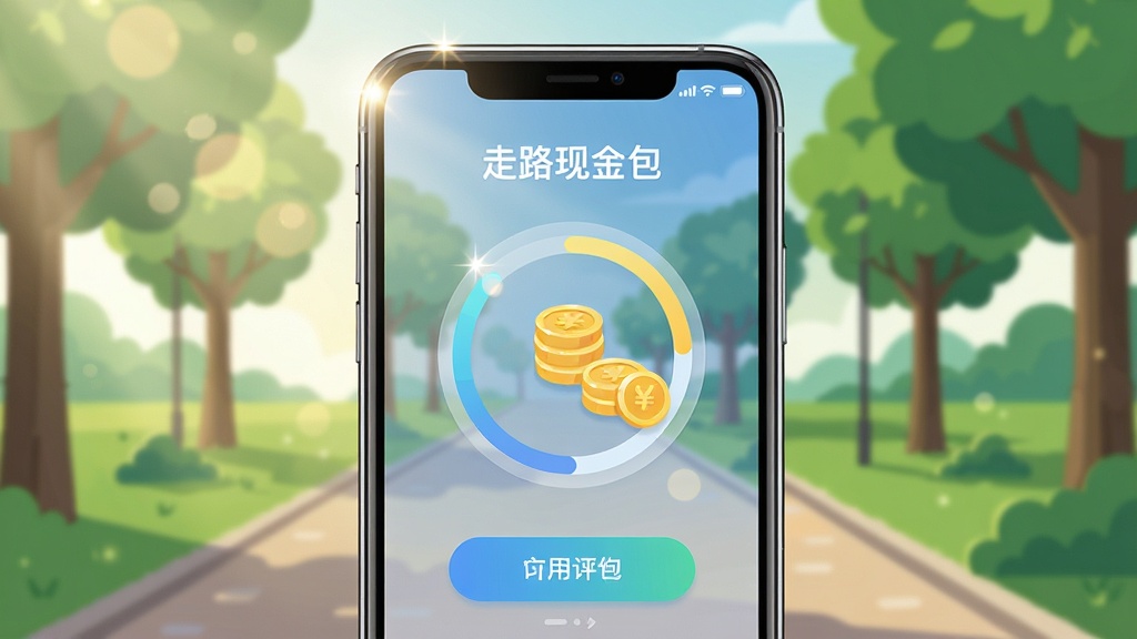 画面主体是一部智能手机屏幕,屏幕中央显示“走路现金包”应用界面,界面上有步数进度环和金币堆叠图标,背景是清晨公园步道与绿树,布局采用居中对称构图,风格为扁平化科技插画,细节包括柔和的阳光光斑、手机边缘的高光反射、界面按钮的圆角设计,画质高清,干净,无多余元素