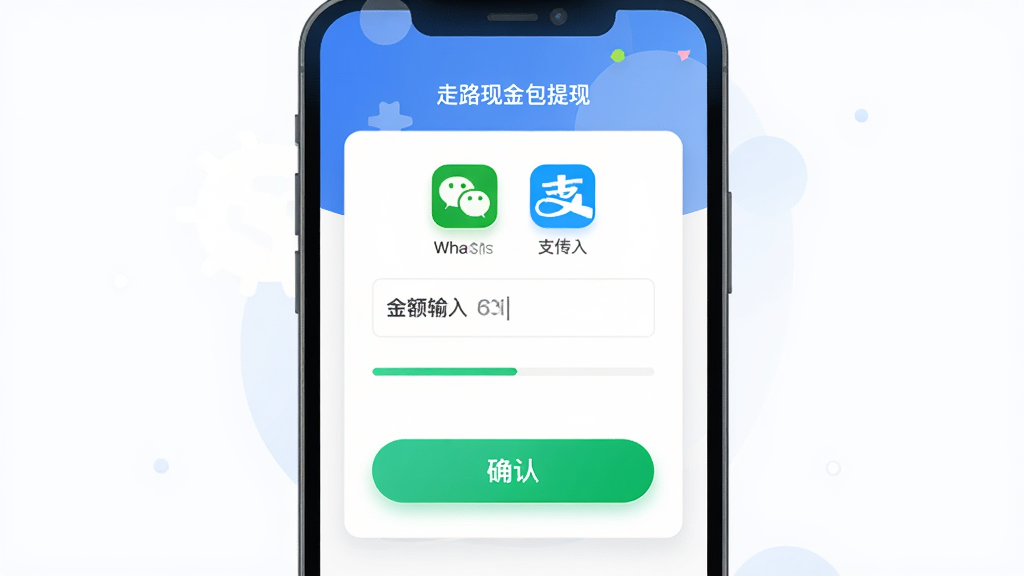 走路现金包提现页面,主体是手机屏幕上的提现按钮与金额输入框,布局为居中卡片式排版,风格为金融类应用界面插画,细节包括微信与支付宝图标、进度条、确认按钮的高亮效果,画质高清,干净,无多余元素