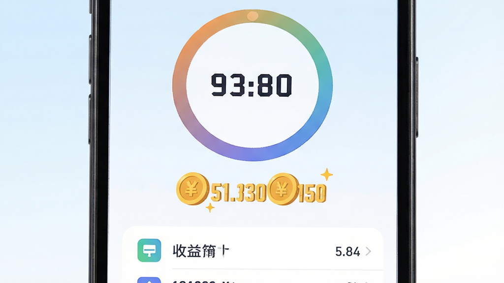 走路现金包应用主界面特写,主体是手机屏幕上的步数统计圆环与下方金币数字跳动效果,布局为上下结构,上方圆环下方收益列表,风格为清爽的扁平化UI插画,细节包括数字字体加粗、圆环渐变色、背景为淡蓝到白色的渐变,画质高清,干净,无多余元素