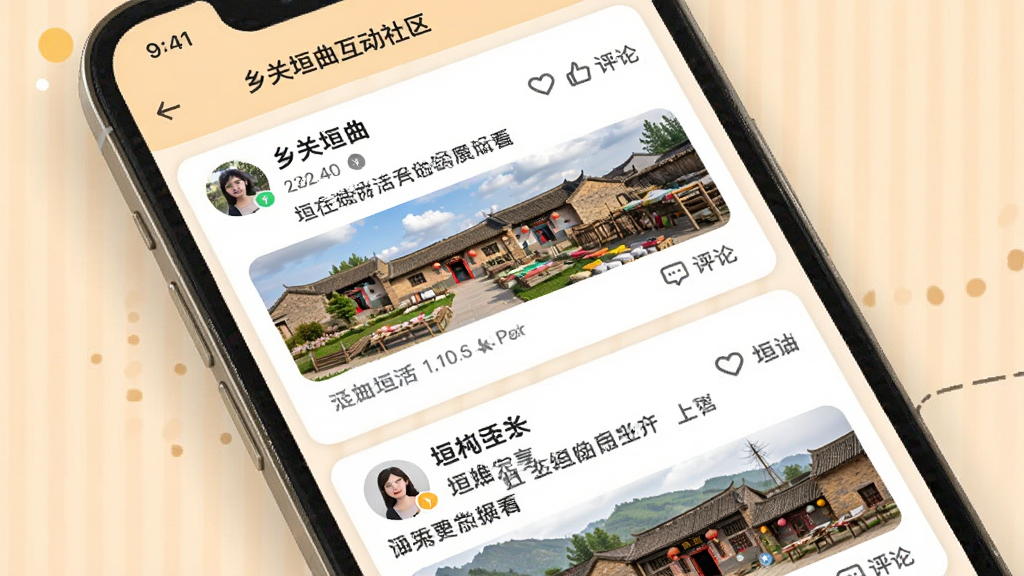 乡关垣曲互动社区功能展示,画面为手机屏幕显示社区帖子列表,帖子内容涉及垣曲本地生活分享,布局为卡片式信息流,风格为温暖社交化设计,细节上包含用户头像、昵称、点赞评论图标,画质清晰,画面干净,无多余元素