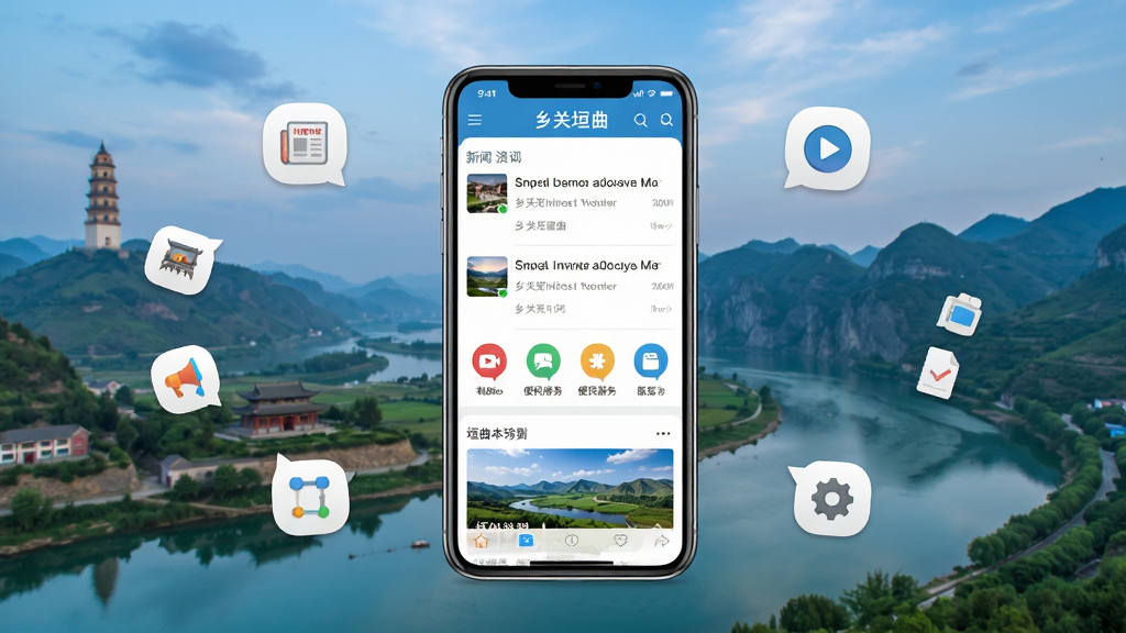 乡关垣曲软件主界面全貌展示,画面中央是一台智能手机,手机屏幕上显示乡关垣曲应用首页,包含新闻资讯列表、便民服务图标和垣曲本地风景轮播图,背景为垣曲县标志性山水风光,整体布局简洁清晰,排版采用上下结构,风格为现代扁平化设计,细节上手机周围散落着新闻、视频、服务等小图标,画质高清,画面干净,无多余元素