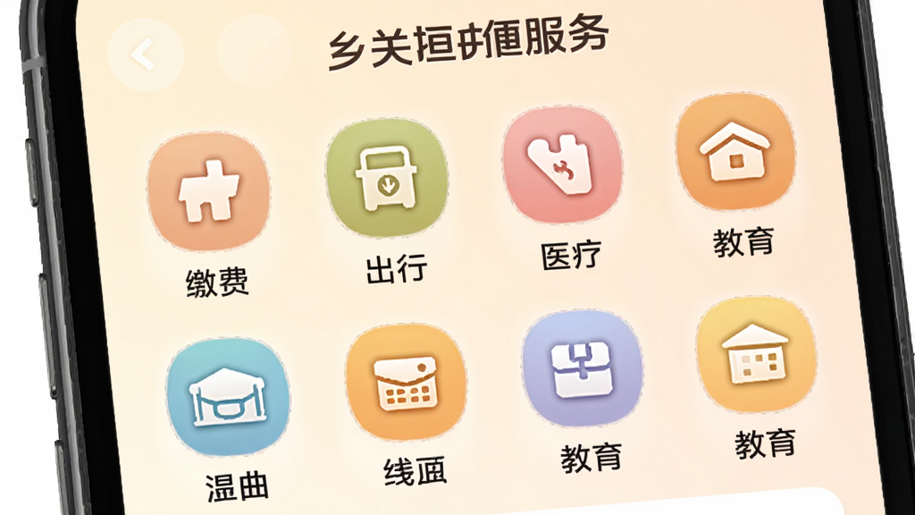 乡关垣曲便民服务功能界面,画面展示手机屏幕上的便民服务图标矩阵,包含缴费、出行、医疗、教育等图标,布局为网格状排列,风格为温馨生活化设计,细节上每个图标下方有中文标注,背景为浅色渐变,画质高清,画面干净,无多余元素
