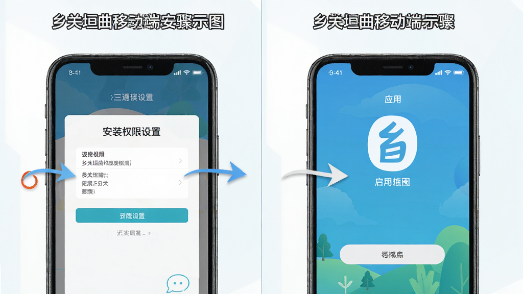 乡关垣曲移动端安装步骤示意图,画面为手机屏幕展示安装权限设置界面与应用启动画面,布局为左右分栏展示两个操作步骤,风格为教程指引类设计,细节上标注箭头与文字说明,画质清晰,画面干净,无多余元素