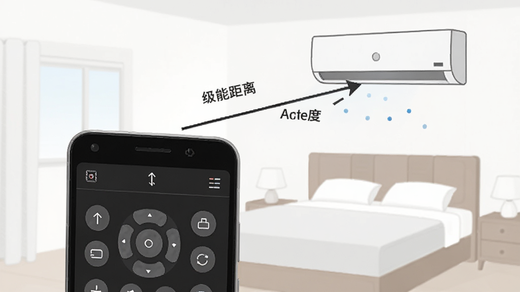 极简万能遥控器新手操作示意图,画面展示一部安卓手机顶部红外发射口对准空调,手机屏幕上显示遥控界面,旁边有箭头指示距离和角度,背景是简洁的卧室,风格说明性插图,排版清晰,画质干净,无多余元素