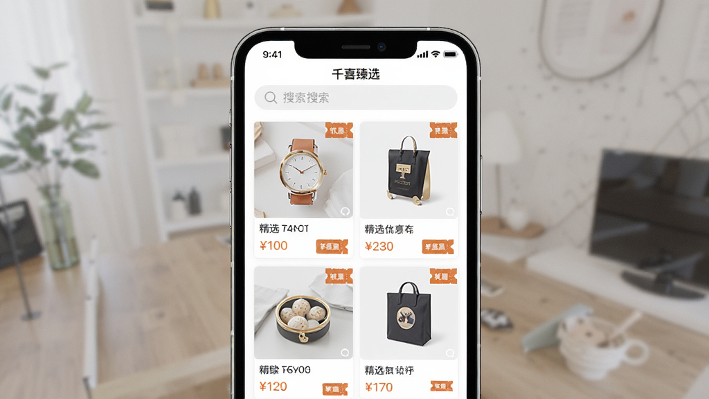 一张展示“千喜臻选”移动端应用界面的场景图,主体为一部竖屏智能手机,屏幕内呈现精选商品瀑布流与顶部搜索栏,布局采用居中构图,排版简洁有序,风格为现代扁平化UI设计,细节包含商品缩略图、价格标签、优惠券图标,画质高清、干净、无多余元素