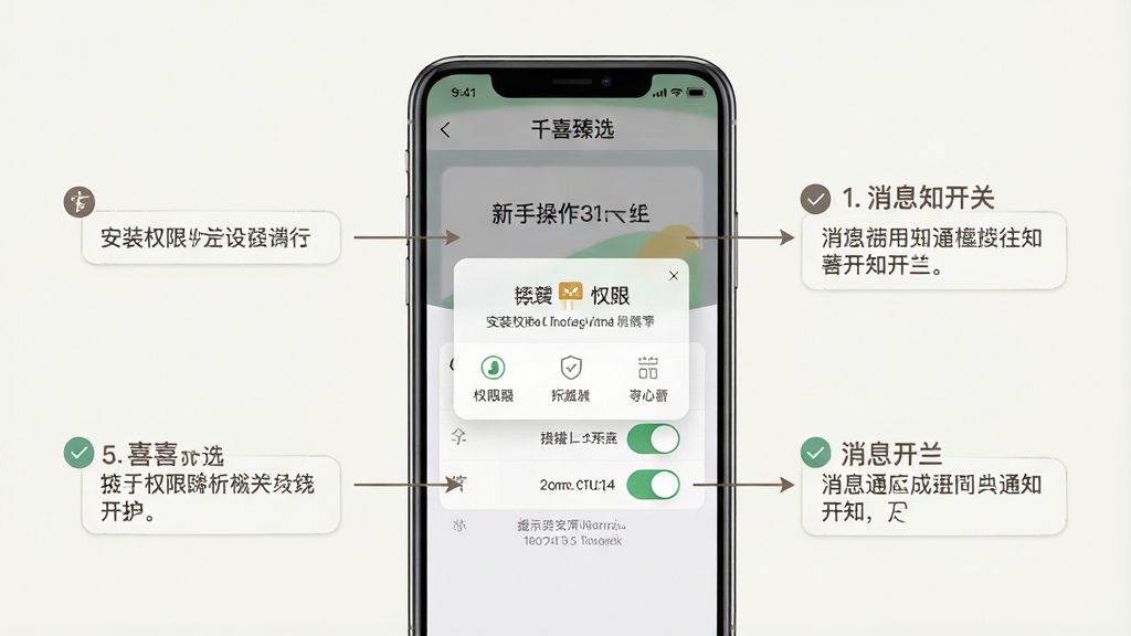 一张“千喜臻选”新手操作指引的示意图,主体为手机屏幕显示安装权限设置与消息通知开关界面,布局采用分步标注排版,风格清爽素雅,细节包含权限弹窗、开关按钮、提示文字框,画质高清、干净、无多余元素
