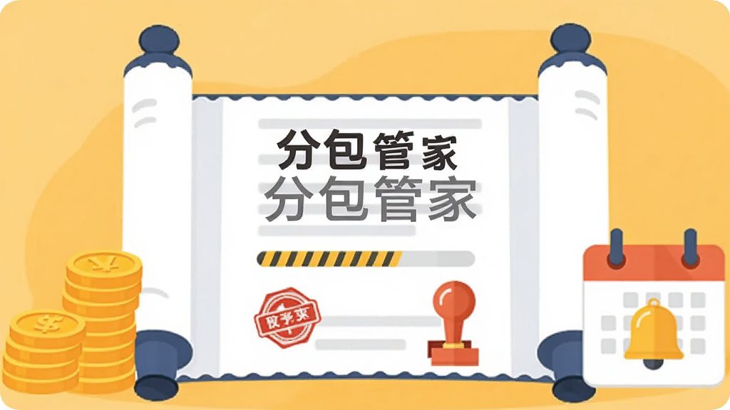 画面中央展示一份展开的电子合同卷轴,卷轴上写有