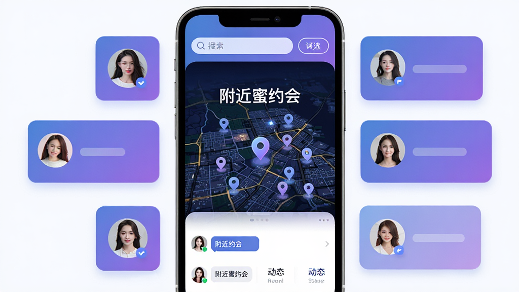 手机屏幕中央显示“附近蜜约会”应用界面,周围环绕多个不同风格的用户头像卡片,背景是城市夜景地图与定位光点,顶部有搜索栏与筛选按钮,下方排列聊天与动态入口,整体采用蓝紫渐变色调,现代社交应用风格,界面整洁,高清画质,干净无多余元素