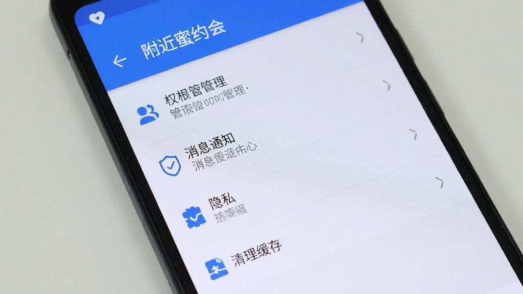 手机屏幕显示“附近蜜约会”设置页面,包含权限管理、消息通知、隐私选项、清理缓存等条目,界面简洁,安卓系统风格,蓝白配色,高清画质,干净无多余元素
