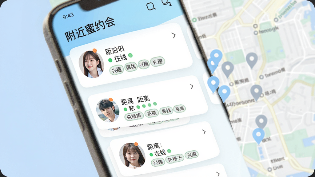 手机界面展示“附近蜜约会”附近的人列表,每个用户卡片包含头像、距离、在线状态与兴趣标签,地图背景上有多个定位标记,界面采用卡片式布局,色调清新,高清画质,干净无多余元素