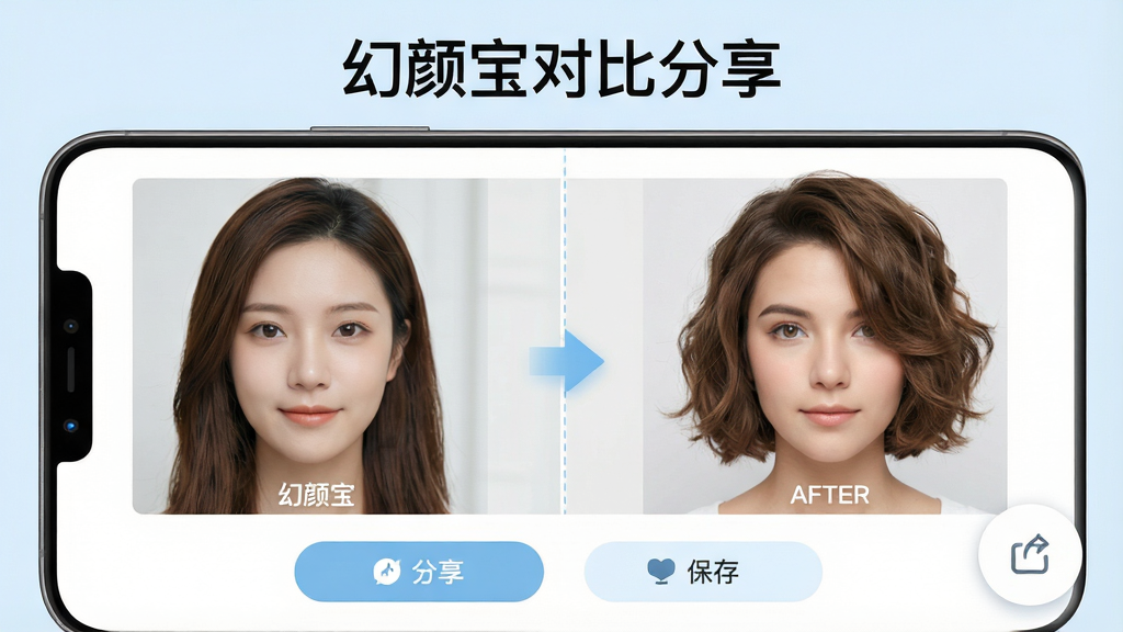 一张展示幻颜宝一键分享与对比功能的界面截图风格图片,画面中手机屏幕分成左右两部分,左侧为原始照片,右侧为换发型后的照片,中间有箭头指示,底部有分享按钮和保存按钮,界面配色为白色与淡蓝色,布局简洁对称,风格为现代移动应用UI,细节上突出对比效果和分享图标,画质高清,无多余元素,图片上方有文字“幻颜宝对比分享”