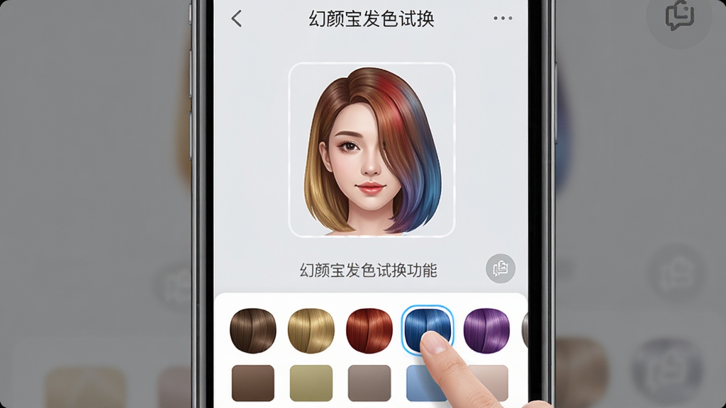 一张展示幻颜宝发色试换功能的界面截图风格图片,画面主体为手机屏幕内一位女性的头像,头发区域被高亮选中,下方有一排颜色色块,包括棕色、金色、红色、蓝色、紫色等,用户手指正点击其中一个色块,头发颜色随之改变,界面背景为浅灰色,布局上头像居中,色块排列整齐,风格为清爽的移动端工具类UI,细节上突出颜色切换的即时反馈效果,画质清晰,无多余装饰,图片中带有文字“幻颜宝发色试换”