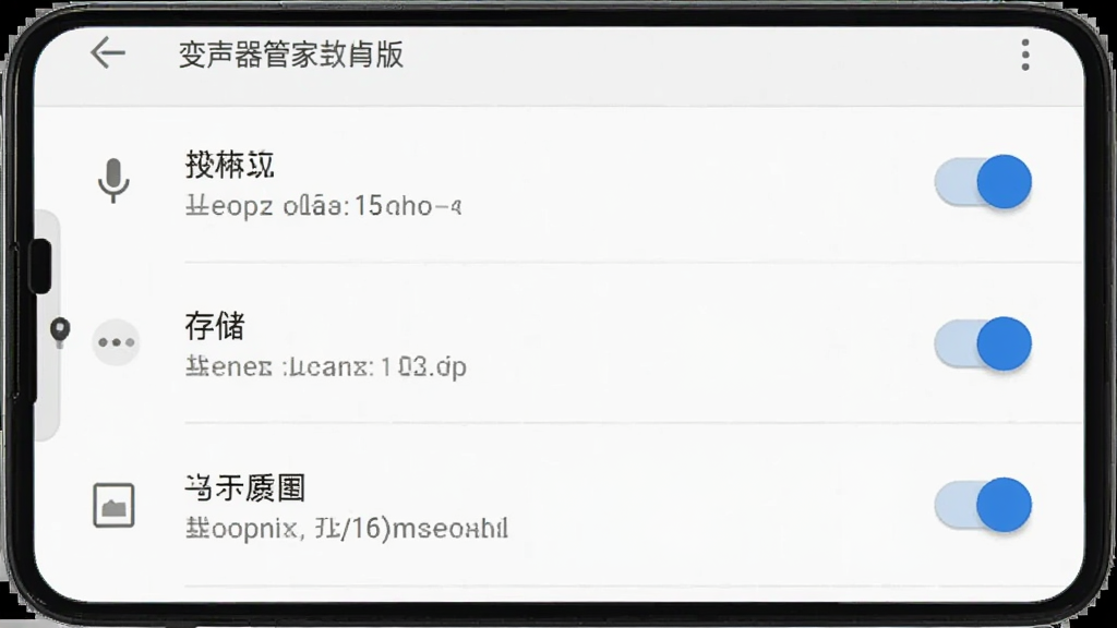 变声器管家安卓版权限设置界面截图,主体为手机屏幕显示应用权限管理页面,布局为列表形式,背景为白色,风格为系统设置界面,细节包含麦克风、存储、悬浮窗权限开关,画质清晰,干净,无多余元素