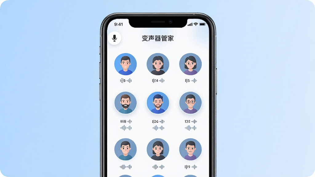 变声器管家软件主界面预览图,主体为一部智能手机屏幕,屏幕内展示变声器管家应用界面,界面中有多个圆形声音头像图标排列整齐,布局为居中展示手机,背景为浅蓝色渐变,风格为科技简约风,细节包含麦克风图标与声波纹理,画质清晰,干净,无多余元素