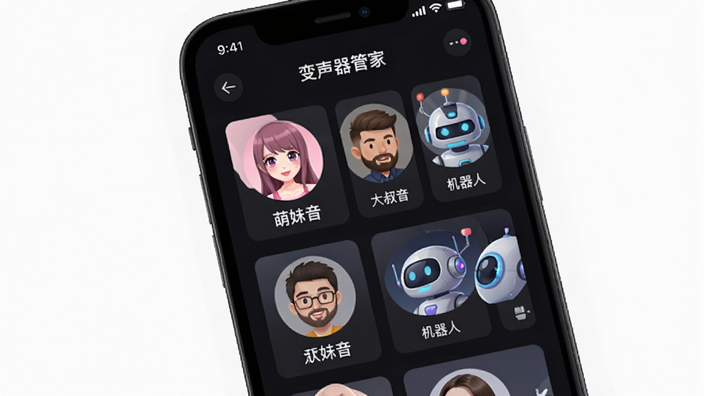 变声器管家声音模板列表界面图,主体为手机屏幕展示变声器管家声音模板库,界面中排列着各种声音头像和名称标签,布局为网格状排列,背景为深色模式,风格为现代UI设计,细节包含“萌妹音”“大叔音”“机器人”等文字标签,画质清晰,干净,无多余元素
