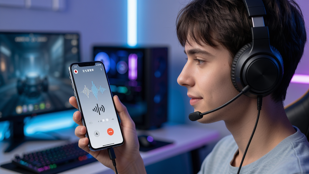 变声器管家实时变声功能展示图,主体为一位戴着耳机的年轻用户正在使用手机通话,手机屏幕显示变声器管家界面,界面中有声波跳动动画,布局为用户侧身手持手机,背景为虚化的电竞房间,风格为写实科技感,细节包含耳机线、手机、声波图标,画质清晰,干净,无多余元素