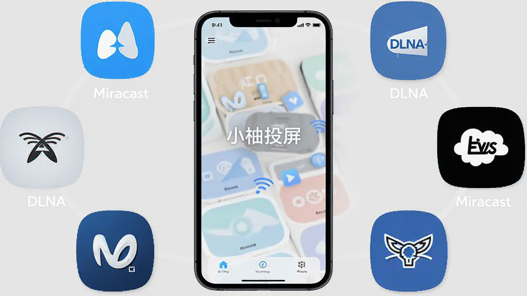 一张展示小柚投屏多协议兼容功能的图片,画面中一部手机周围环绕着多个电视品牌Logo,手机屏幕显示