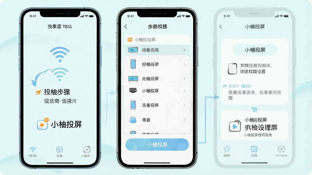 一张展示小柚投屏使用指南的图片,画面为手机屏幕截图风格,显示投屏连接步骤和权限设置界面,布局为分步图示排列,风格清新浅色,细节包含WiFi图标、设备列表和