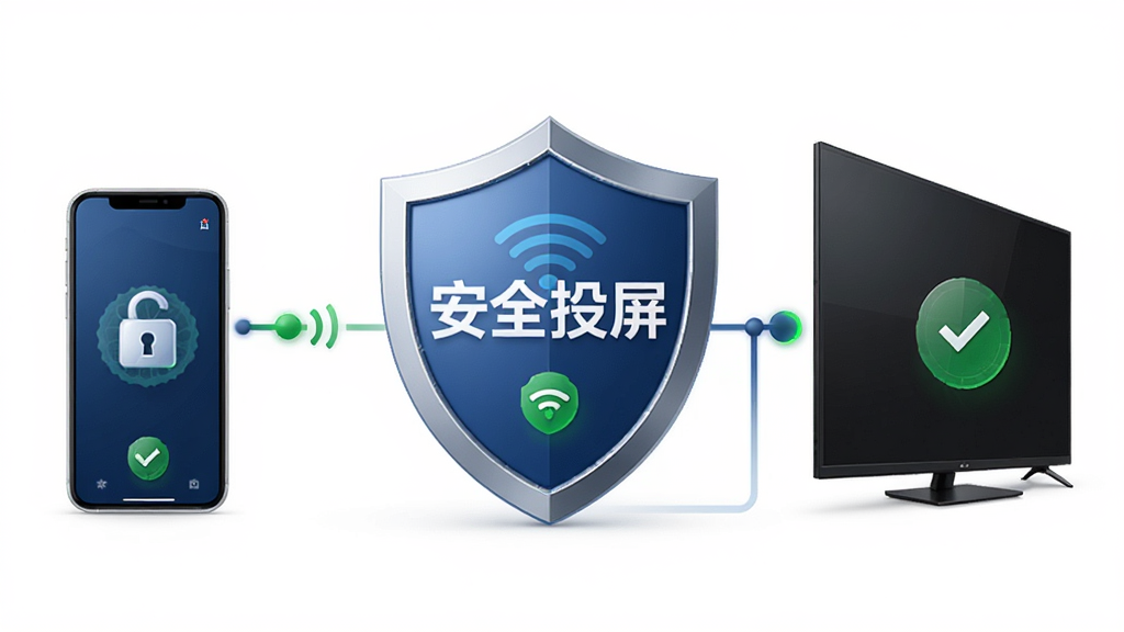 一张展示小柚投屏隐私安全保障功能的图片,画面中央是一个盾牌图标与手机、电视相连,盾牌上显示