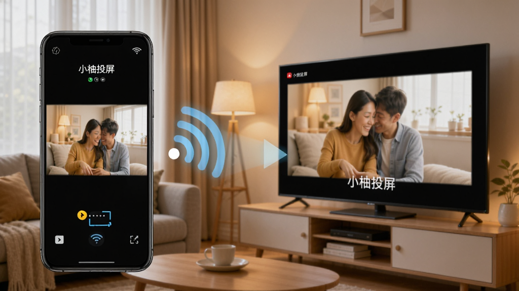 一张展示小柚投屏软件核心功能的合成图片,画面中央是一部智能手机和一台大屏电视,手机屏幕上的视频画面正通过无线信号投射到电视屏幕上,画面中包含