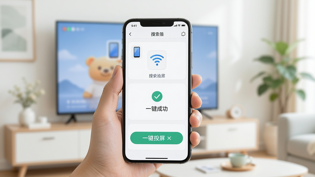 一张展示小柚投屏一键快速连接功能的图片,画面中一只手拿着手机,手机屏幕显示设备搜索列表和