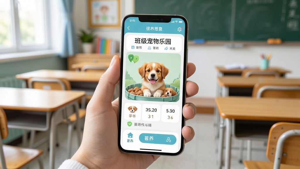 班级宠物乐园移动端操作界面展示,画面中一只手拿着手机,手机屏幕上显示宠物喂养界面,背景是教室课桌,风格写实清新,画面干净,高清画质