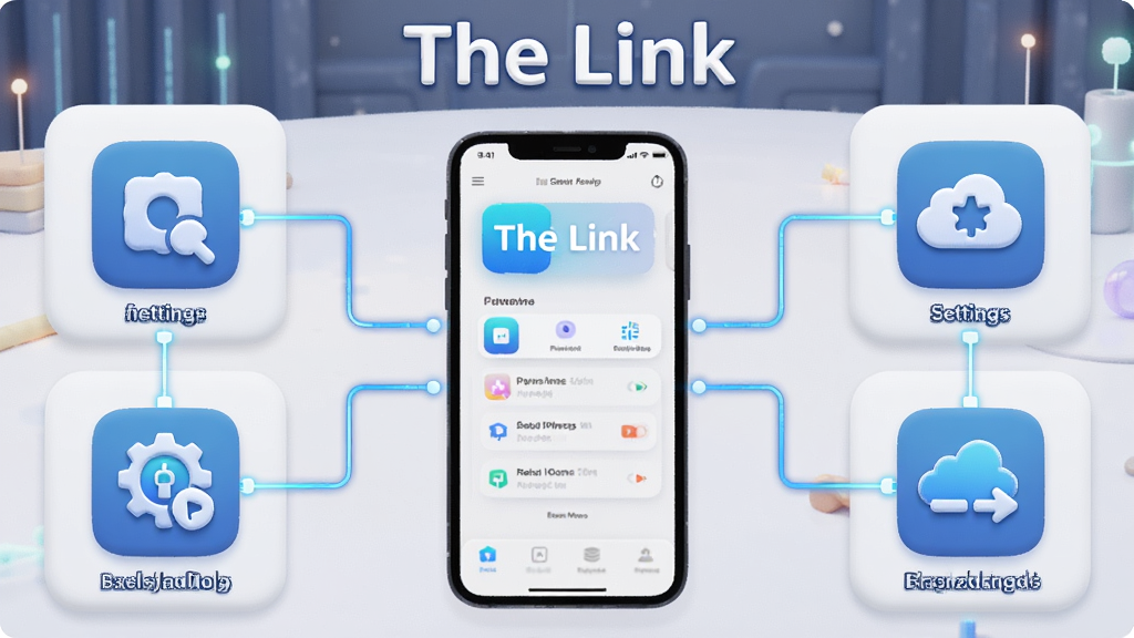 一张展示 The Link 应用功能模块的示意图,画面中央是手机界面,四周环绕连接、设置、后台运行等图标,软件名