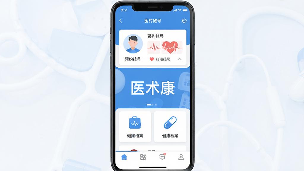主体是一个竖屏智能手机界面展示医疗健康类APP首页,布局为顶部状态栏和底部导航栏,中间包含预约挂号卡片和健康档案图标,排版简洁清晰,风格为现代扁平化医疗蓝白配色,细节包括圆形头像、心率波形图、药丸图标,画质高清干净无多余元素,画面中央有文字“医术康”