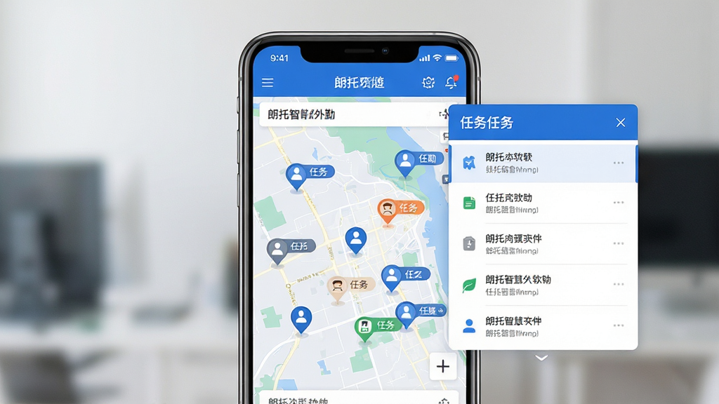 朗拓智慧外勤软件主界面预览图,画面中央展示一部智能手机,屏幕内呈现朗拓智慧外勤的首页地图看板,地图上分布着多个员工定位图标与任务标记,右侧悬浮任务列表卡片,界面配色以科技蓝与白色为主,布局清晰,排版简洁,风格为现代商务扁平化设计,细节包括状态栏信号与电量图标,画质清晰,干净,无多余元素