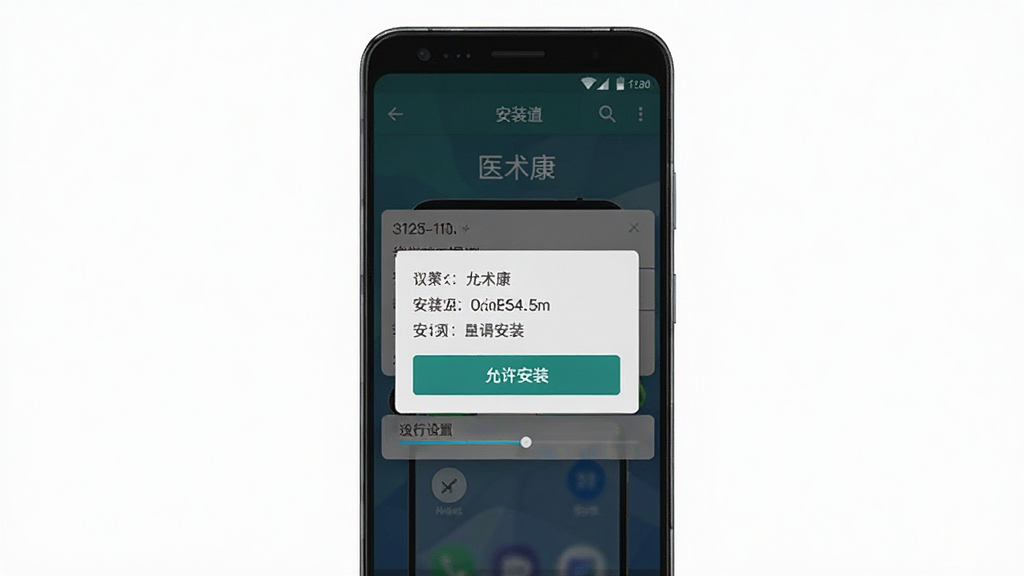 主体是安卓手机安装界面与权限设置弹窗,布局为手机屏幕特写居中,排版为上下结构展示安装步骤,风格为科技感UI截图风,细节包括“允许安装”按钮和进度条,画质高清干净无多余元素,画面中有文字“医术康”