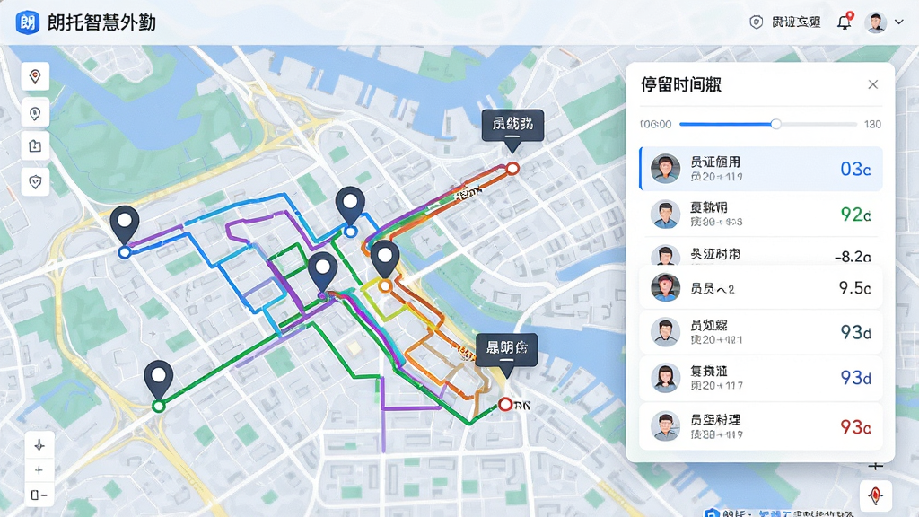 朗拓智慧外勤实时定位轨迹追踪功能展示图,画面主体为一张城市地图,地图上绘制着多条不同颜色的员工移动轨迹线,起点与终点有清晰标记,地图右侧悬浮着员工列表与停留时间数据面板,整体布局层次分明,排版采用卡片式信息展示,风格为现代科技感UI设计,细节包含时间轴与位置戳图标,画质高清,干净,无多余元素