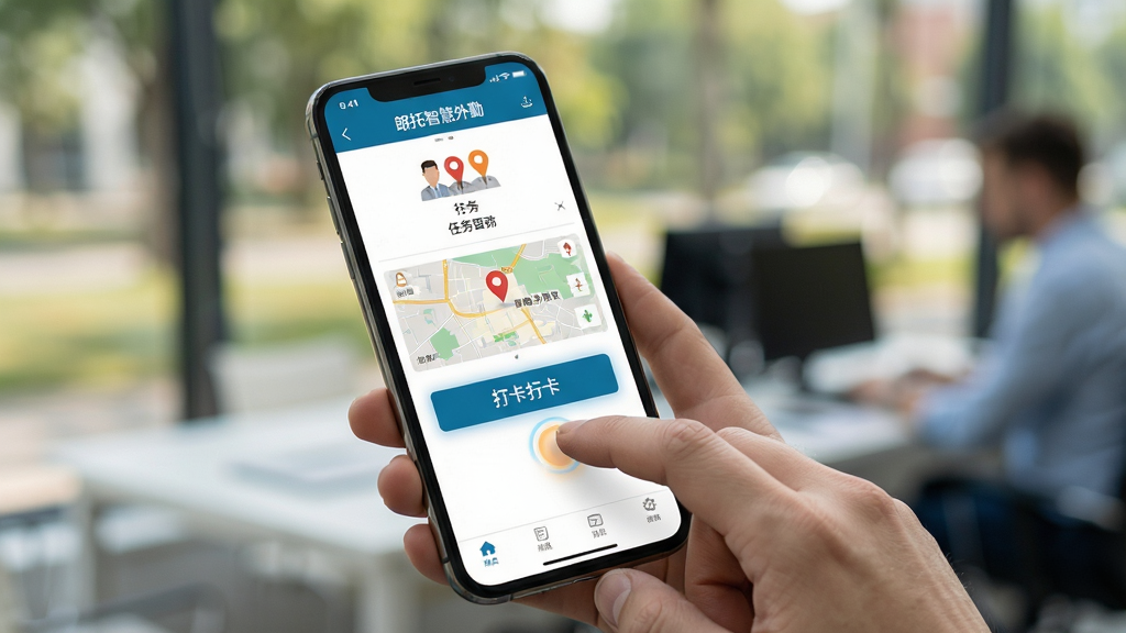 朗拓智慧外勤移动端操作界面示意图,画面展示一部手持智能手机,屏幕上呈现朗拓智慧外勤的打卡页面与任务列表,页面中有醒目的打卡按钮与地图定位标记,背景为户外办公场景虚化处理,布局聚焦手机屏幕内容,排版简洁直观,风格为真实使用场景摄影感,细节包含手指点击动作与界面高亮反馈,画质清晰,干净,无多余元素