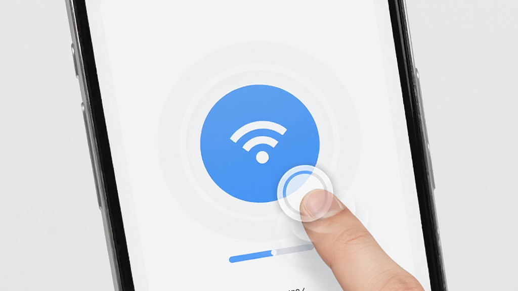 一张展示万能WiFi快连接一键连接功能的手机操作界面图,画面中央为手机屏幕特写,屏幕上显示一个醒目的圆形连接按钮,按钮周围有手指点击的动画效果,背景为浅灰色,风格简约现代,细节包含WiFi图标和加载进度条,画质清晰,干净,无多余元素