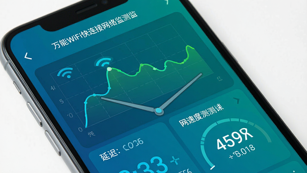一幅展示万能WiFi快连接网络监测仪表盘界面的图片,画面以手机屏幕为载体,屏幕上显示信号强度曲线图、延迟数值和网速测试结果,配色以蓝绿色为主,风格数据可视化,细节包含仪表盘指针和数字读数,画质清晰,干净,无多余元素