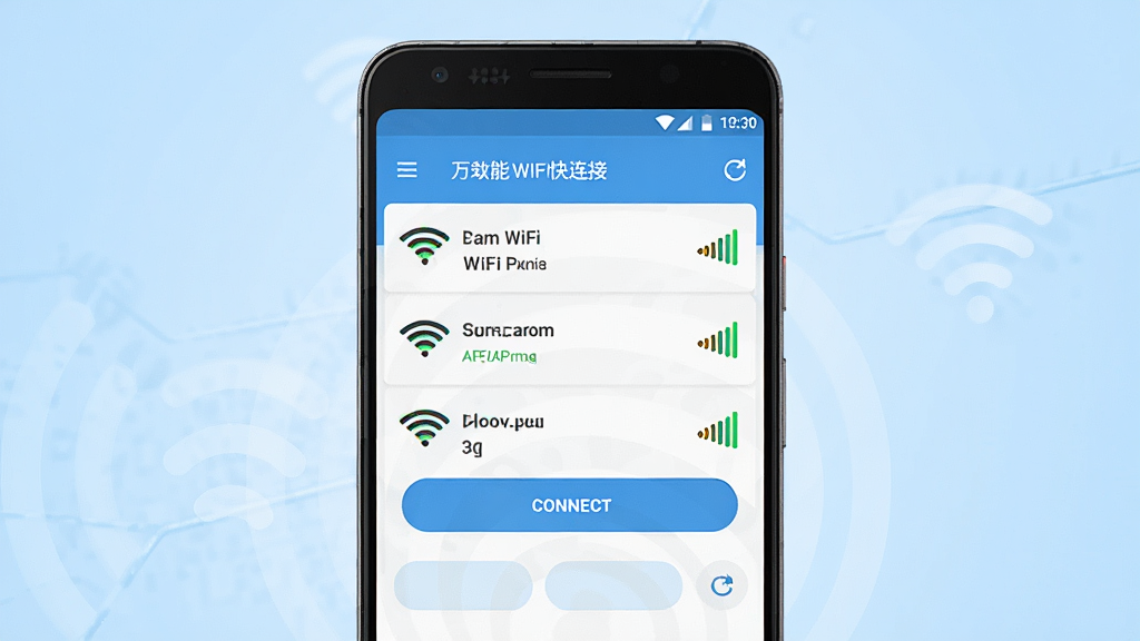 一张展示万能WiFi快连接软件主界面的手机截图风格图片,画面中央为一部竖屏安卓手机,手机屏幕显示WiFi信号列表和连接按钮,背景为浅蓝色渐变,风格简洁科技感,细节包含信号强度图标和刷新按钮,画质清晰,干净,无多余元素