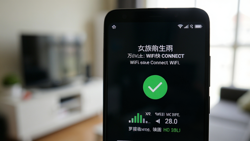 一张展示万能WiFi快连接在安卓手机上正常运行并成功连接WiFi的界面效果图,画面为手机正面特写,屏幕显示已连接状态和绿色对勾图标,背景为模糊的室内环境,风格真实使用场景,细节包含信号满格标识和网速数值,画质清晰,干净,无多余元素