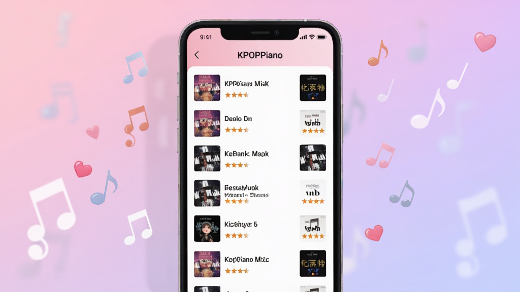 一幅展示KPOPPiano曲库选择界面的图片,画面中一部手机竖屏显示歌曲列表,每首歌曲旁边带有专辑封面缩略图和难度星级标识,背景是柔和的粉紫色渐变,手机周围漂浮着音符和爱心图标,风格清新可爱,画面干净无杂乱元素,高清画质
