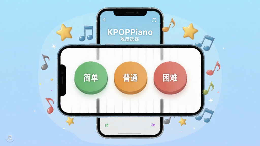 一幅展示KPOPPiano难度选择界面的图片,画面中央一部手机显示三个难度按钮分别为简单普通困难,按钮颜色分别为绿色橙色红色,手机周围有星星和音符装饰,背景是淡蓝色渐变,风格简洁明快,画面干净整洁,高清画质