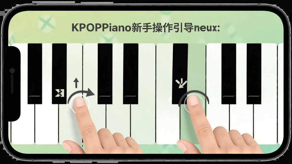 一幅展示KPOPPiano新手操作引导界面的图片,手机屏幕上显示着手指点击琴键的示意图和文字提示,画面中有箭头指示操作方向,背景是淡绿色渐变,风格简洁教学向,画面干净无多余元素,高清画质