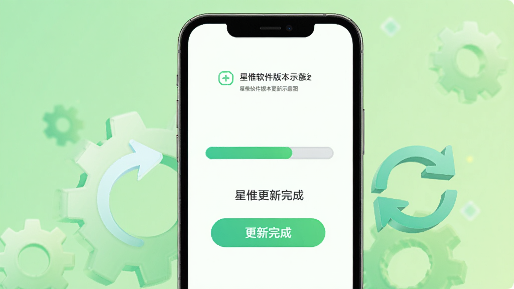 星惟软件版本更新示意图,手机屏幕中显示进度条与更新完成标识,旁边有齿轮和刷新箭头元素,背景为浅绿色渐变,风格清新明快,画质高清,无多余元素