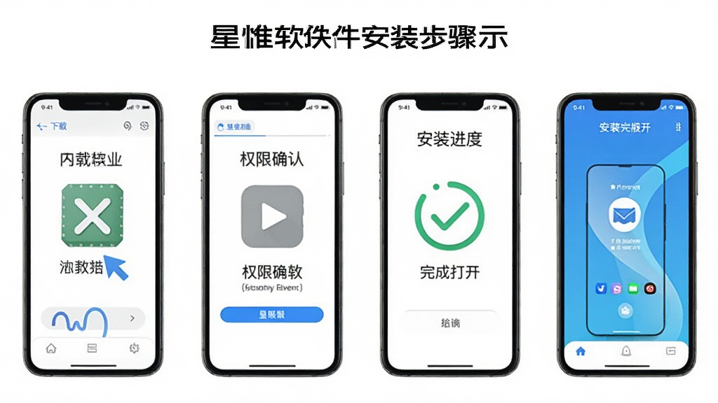星惟软件安装步骤示意图,手机屏幕展示从下载到安装完成的四个步骤画面,包括点击安装包、权限确认、安装进度、完成打开,背景为白色,风格简洁教程风,画质清晰,无多余元素