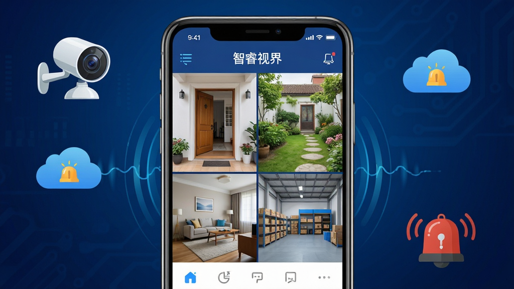 画面中央放置一部智能手机,屏幕显示“智睿视界”应用的实时监控分屏界面,四个画面分别呈现门口、庭院、客厅与仓库场景,手机周围环绕着网络摄像头、云存储图标与告警铃铛符号,背景为深蓝色科技感渐变,布局简洁对称,风格为扁平化写实数码插画,细节包含清晰的UI图标与动态波纹,画质高清,干净,无多余元素
