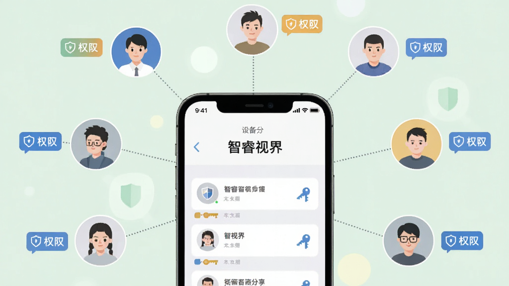一部手机屏幕显示“智睿视界”设备分享界面,多个用户头像环绕在手机周围,头像之间用虚线连接,每个头像旁有权限标签,背景为柔和的浅绿色,布局为放射状,风格为扁平化社交网络示意图,细节包含盾牌与钥匙图标,画质高清,干净,无多余元素