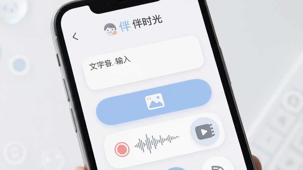 伴时光应用的多功能记录界面展示图,主体为手机屏幕特写,屏幕内同时展示文字输入框、图片上传按钮、语音录制波形和视频图标。布局采用三分法,屏幕内容清晰居中。排版整齐,图标排列有序。风格为现代简约科技感,色调以白色、浅灰、淡蓝为主。细节包括「伴时光」Logo位于顶部、各种记录图标精致圆润。画质高清,干净利落,无多余元素。
