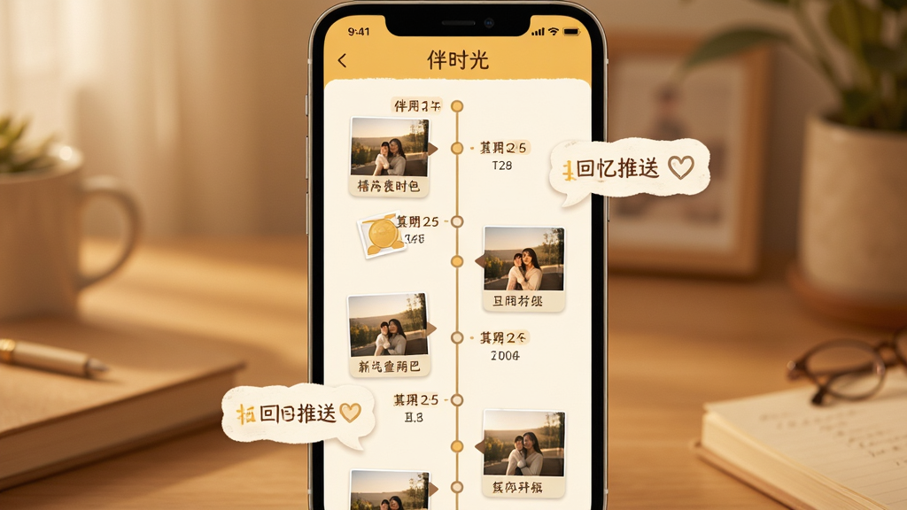 伴时光应用时光轴与回忆推送界面展示图,主体为手机屏幕显示纵向时间轴,轴上分布着不同日期的照片缩略图与文字标签。布局采用垂直排版,时间轴贯穿屏幕中央。排版清晰有序。风格为温馨回忆风,色调以暖黄、浅棕、米白为主。细节包括「伴时光」应用名称、时间节点标记、回忆推送气泡。画质高清,干净温暖,无多余元素。