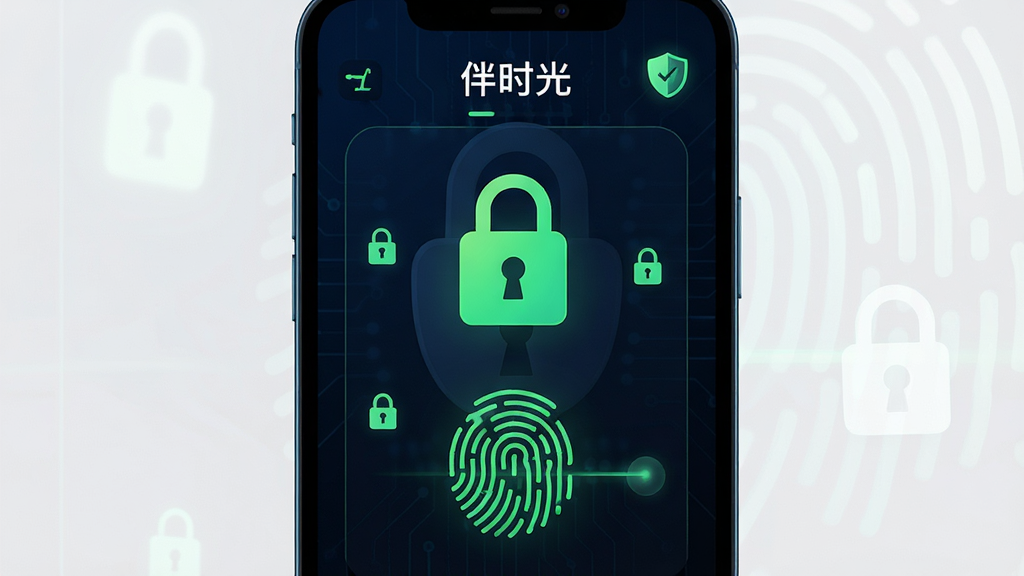 伴时光应用隐私保护功能展示图,主体为手机屏幕显示密码锁与指纹识别界面,背景为深色安全主题。布局采用中心对称构图,锁形图标与指纹图案位于屏幕中央。排版简洁明了。风格为安全科技感,色调以深蓝、黑色、荧光绿为主。细节包括「伴时光」应用名称、加密标识、盾牌图标。画质高清,干净专业,无多余元素。