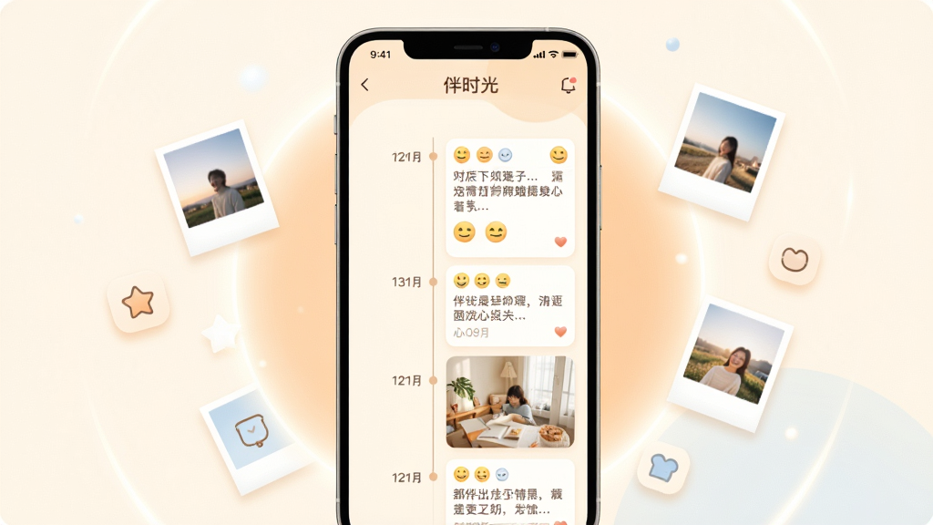一款名为伴时光的手机应用界面展示图,主体为一部竖直放置的智能手机,屏幕内显示温馨的生活记录时间轴界面,包含照片、文字和日期标记。布局采用居中构图,手机周围环绕着柔和的光晕与飘浮的拍立得照片、小图标等元素。排版简洁,突出手机屏幕内容。风格为温暖治愈系,色调以米白、浅橙、淡蓝为主。细节包括屏幕内清晰可见的「伴时光」应用名称、时间轴卡片、心情表情图标。画质高清,干净清爽,无多余元素。